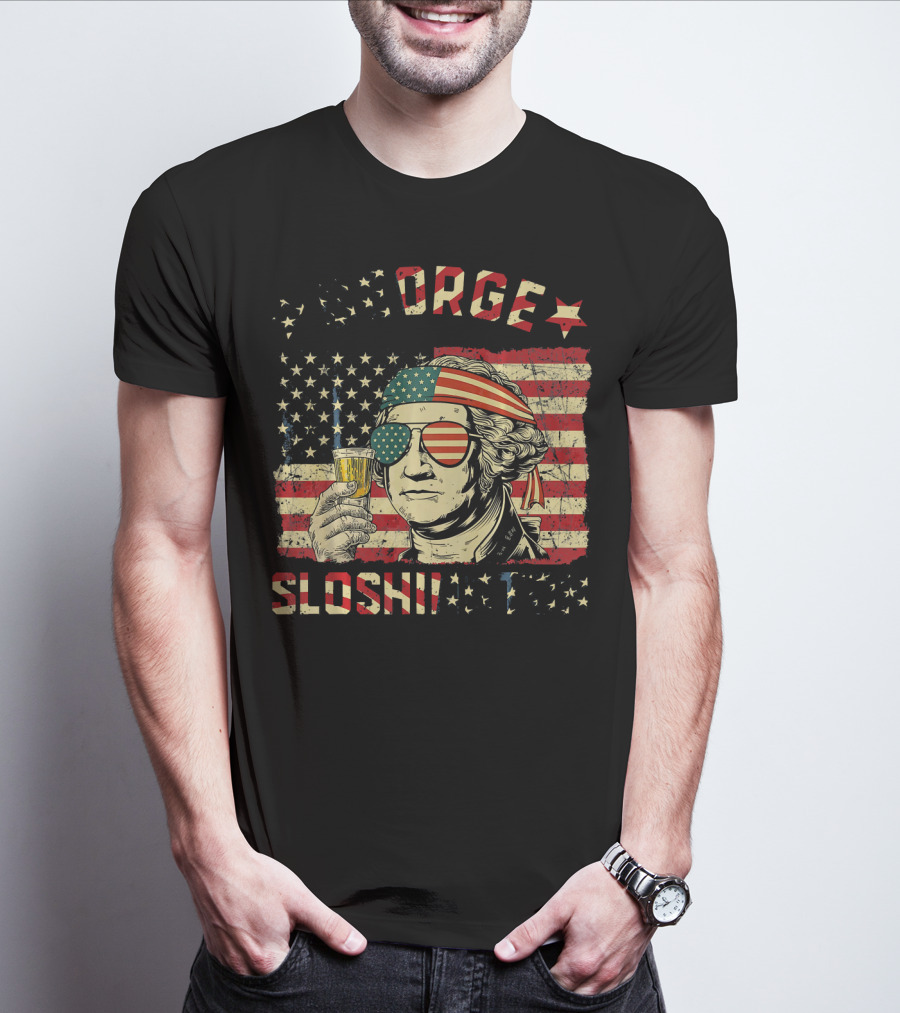 George Sloshington American Flag Aviator With Beer And Headband T-Shirt