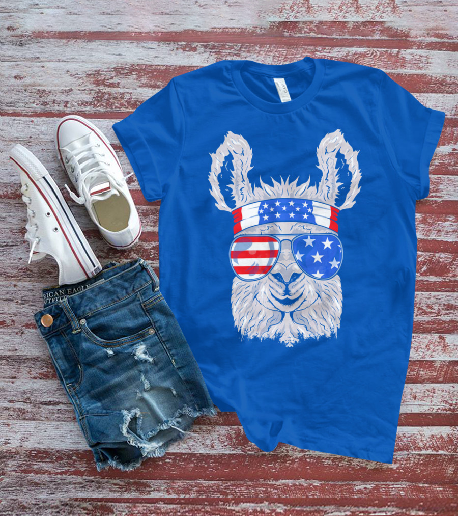Patriotic Llama With American Flag Sunglasses And Headband For USA Independence Day T-Shirt