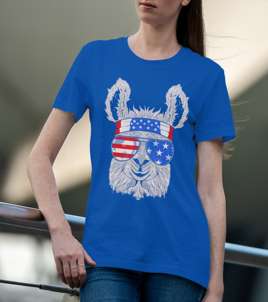 Patriotic Llama With American Flag Sunglasses And Headband For USA Independence Day T-Shirt