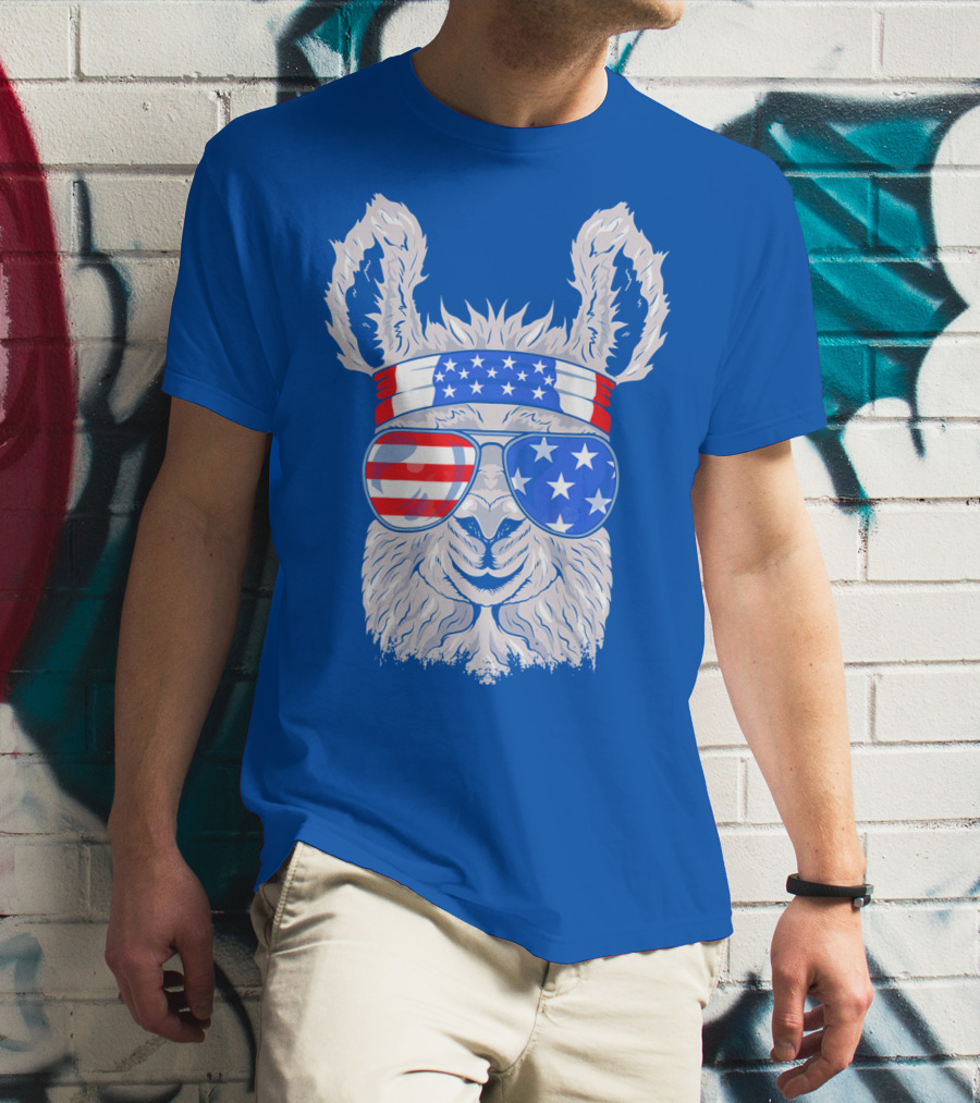 Patriotic Llama With American Flag Sunglasses And Headband For USA Independence Day T-Shirt
