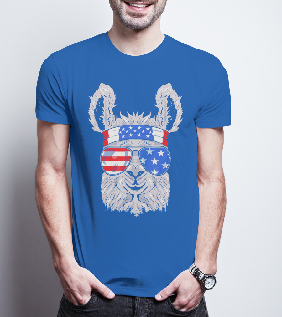 Patriotic Llama With American Flag Sunglasses And Headband For USA Independence Day T-Shirt