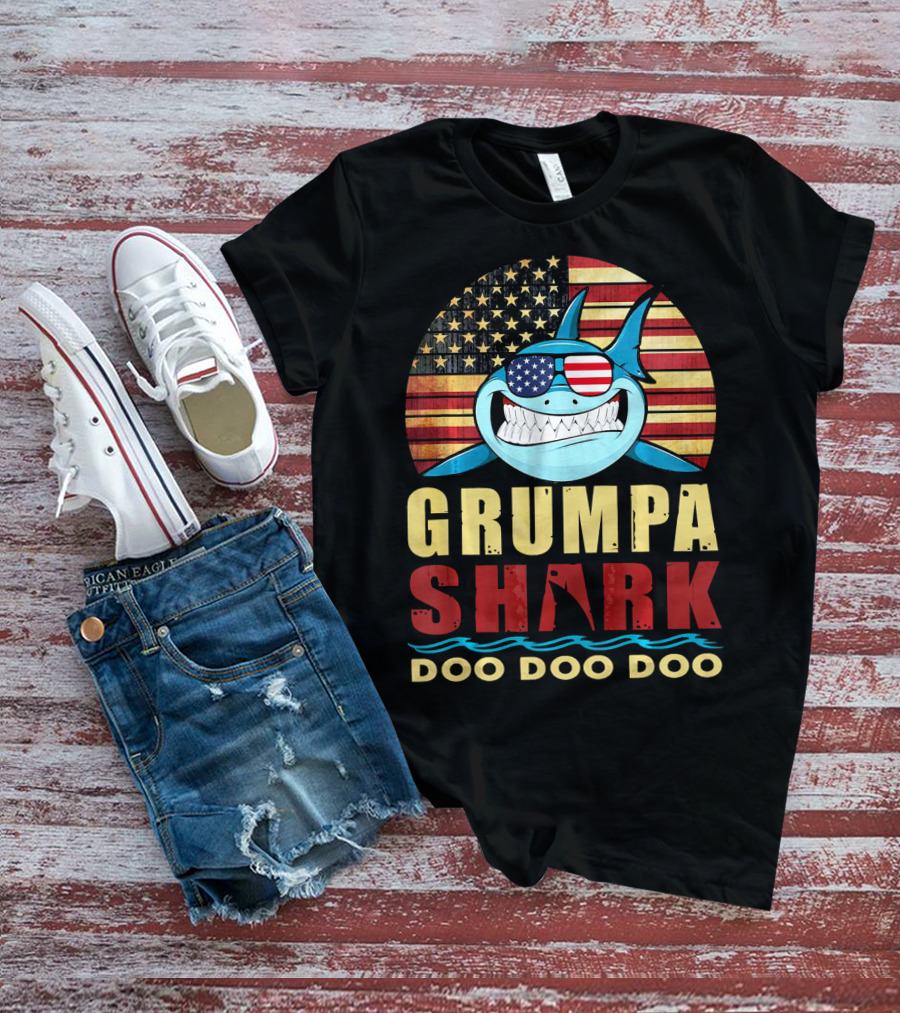Grumpa Shark Doo Doo Doo American Flag T-Shirt