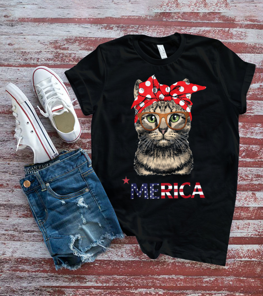 Merica Cat Red Bandana USA Flag Glasses T-Shirt