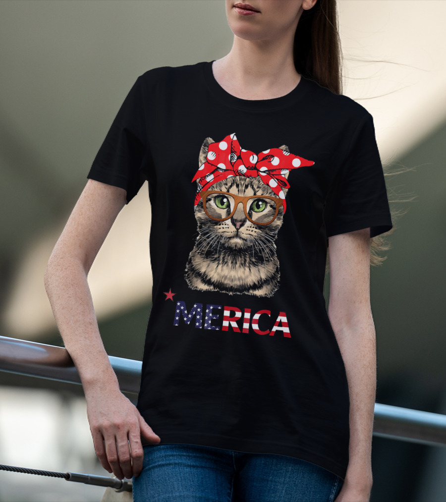 Merica Cat Red Bandana USA Flag Glasses T-Shirt