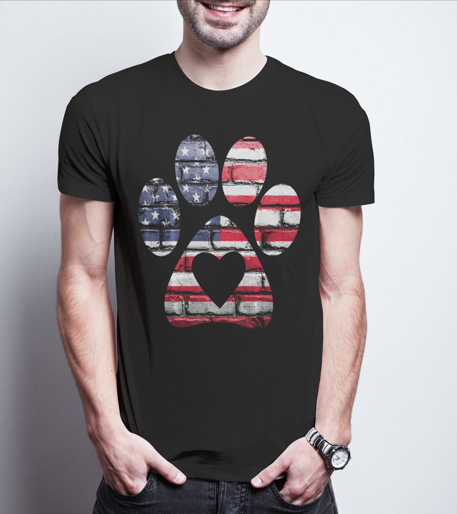 Patriotic Dog Paw With American Flag Heart T-Shirt