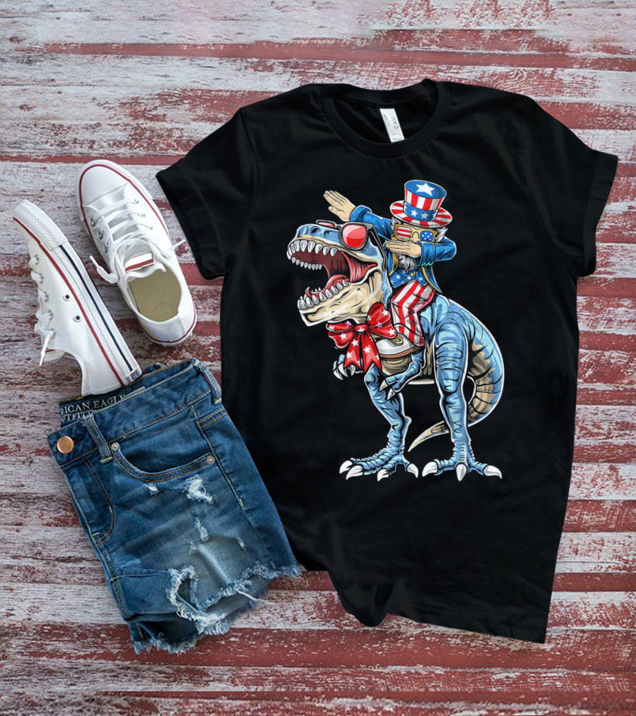 Dabbing Uncle Sam On Dinosaur With Patriotic Stars And Stripes Hat And Sunglasses T-Shirt