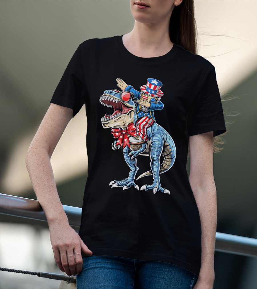 Dabbing Uncle Sam On Dinosaur With Patriotic Stars And Stripes Hat And Sunglasses T-Shirt