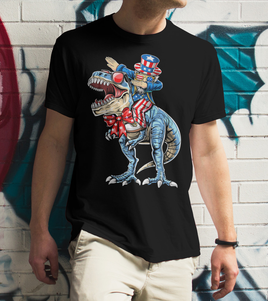 Dabbing Uncle Sam On Dinosaur With Patriotic Stars And Stripes Hat And Sunglasses T-Shirt
