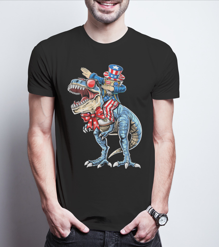 Dabbing Uncle Sam On Dinosaur With Patriotic Stars And Stripes Hat And Sunglasses T-Shirt