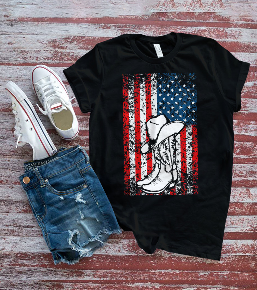 Cowboy Hat Boots American Flag Patriotic T-Shirt
