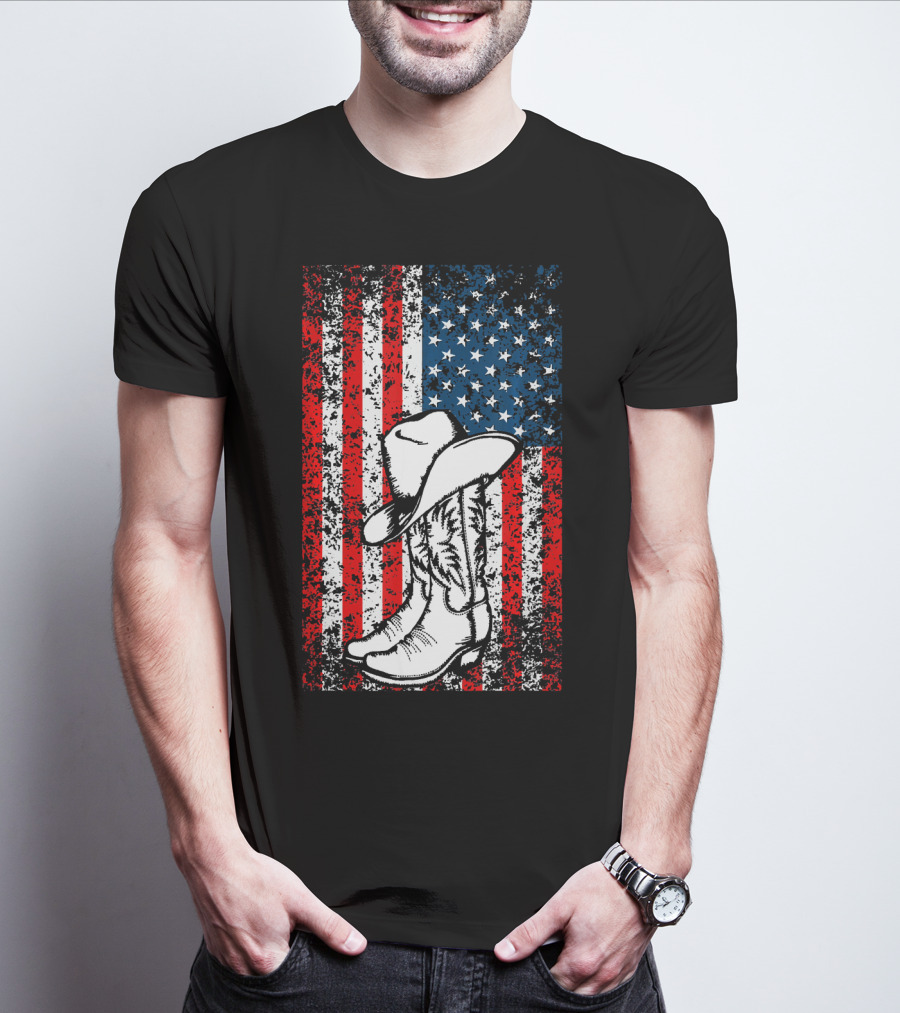 Cowboy Hat Boots American Flag Patriotic T-Shirt