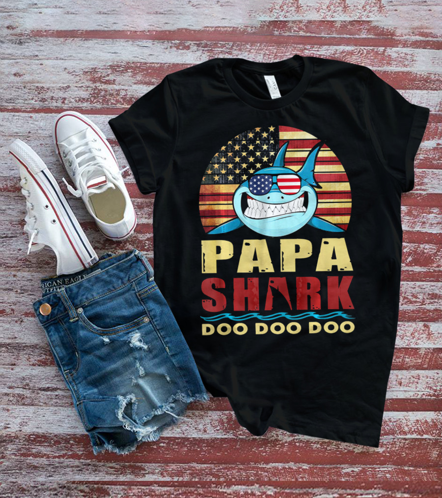 Papa Shark American Flag Doo Doo Doo T-Shirt