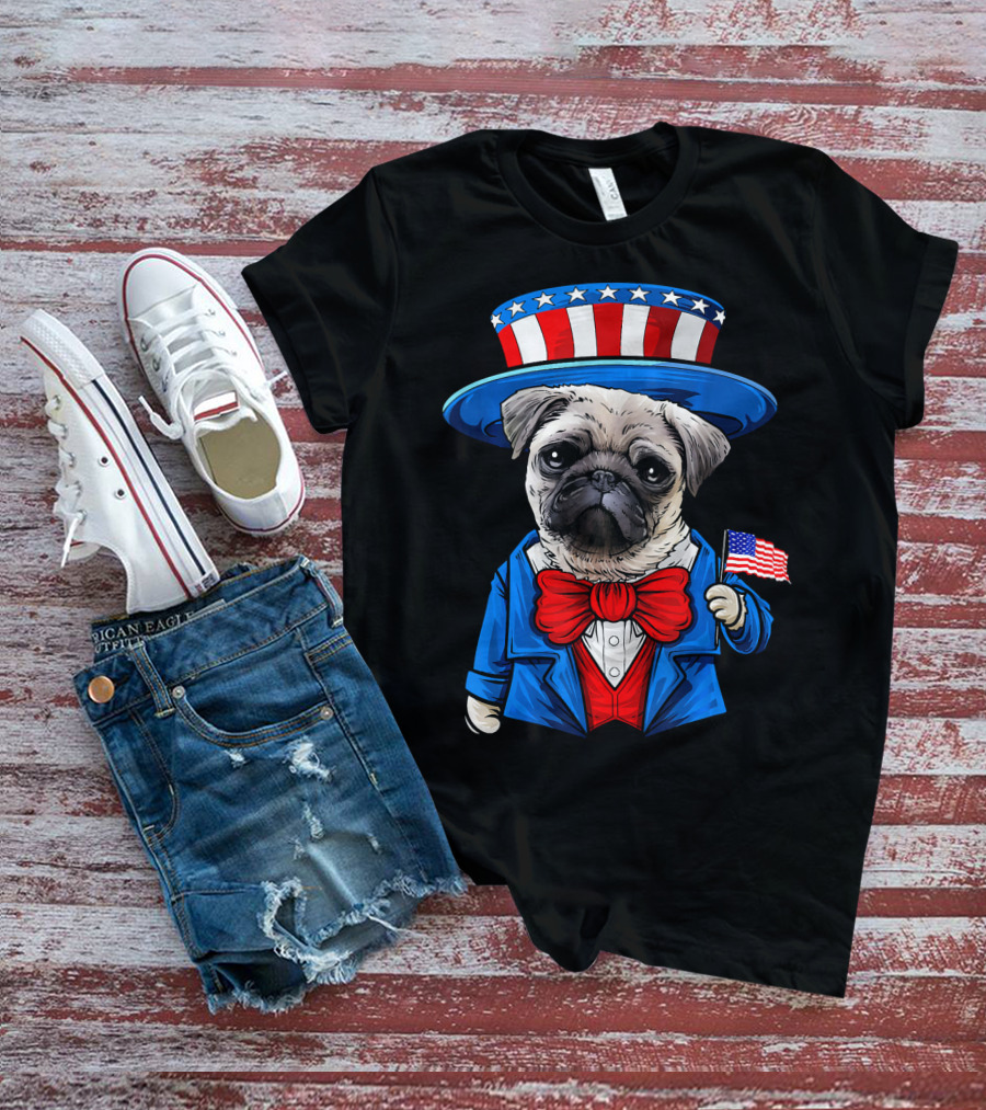 Uncle Sam Pug Holding American Flag Fourth Of July Dog Humor T-Shirt