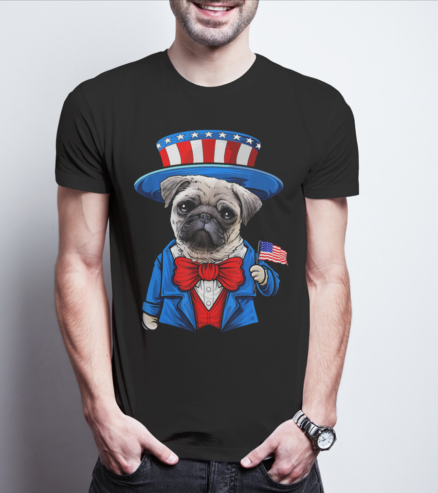 Uncle Sam Pug Holding American Flag Fourth Of July Dog Humor T-Shirt