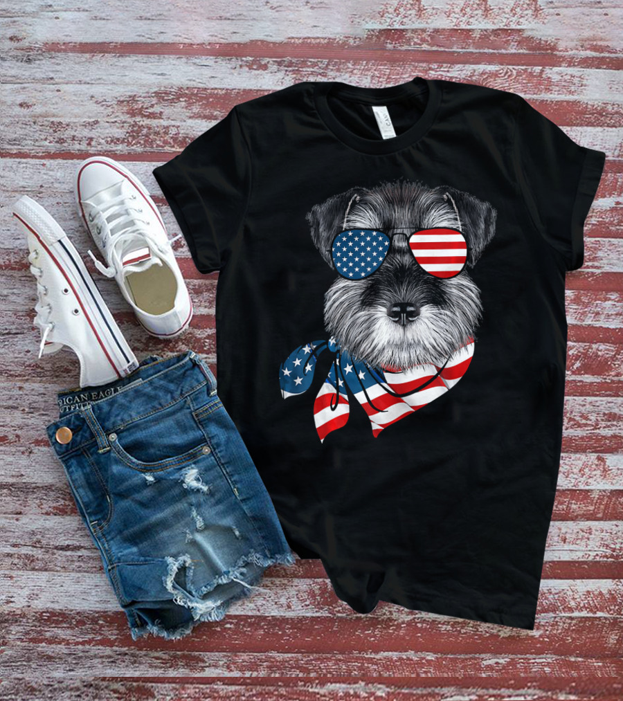Schnauzer With American Flag Sunglasses And Scarf Patriotic T-Shirt