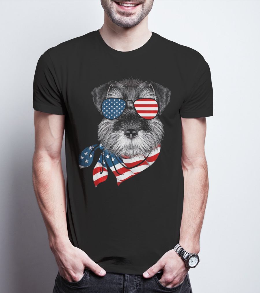 Schnauzer With American Flag Sunglasses And Scarf Patriotic T-Shirt