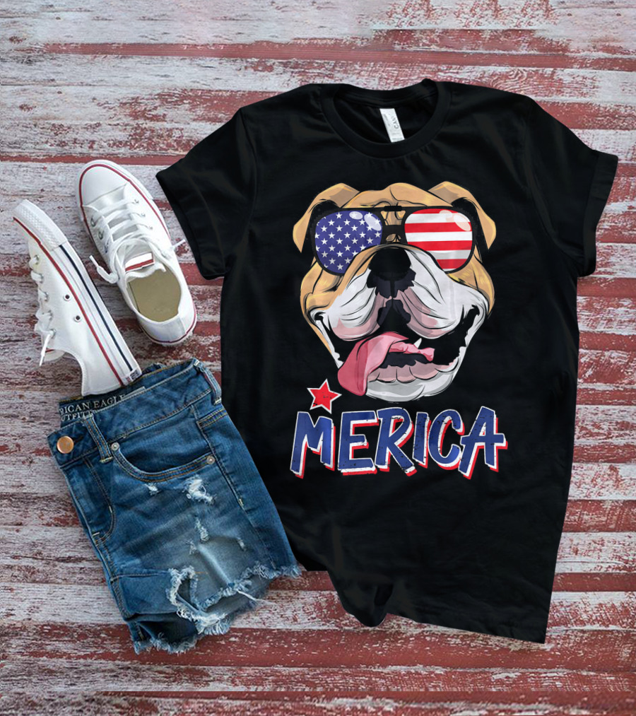 English Bulldog Merica Sunglasses Fourth Of July T-Shirt