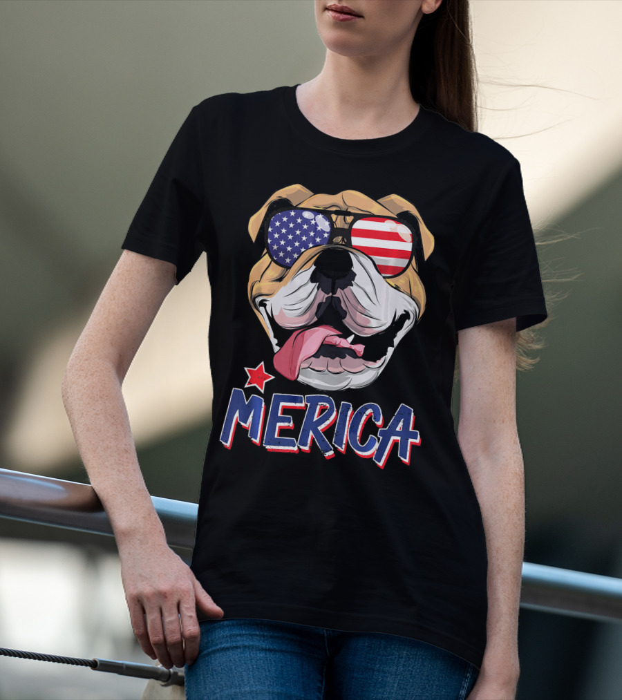 English Bulldog Merica Sunglasses Fourth Of July T-Shirt