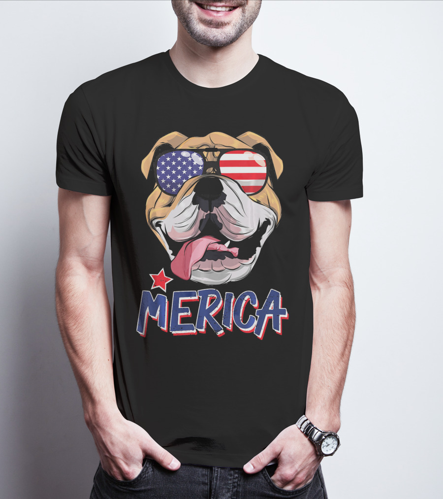 English Bulldog Merica Sunglasses Fourth Of July T-Shirt