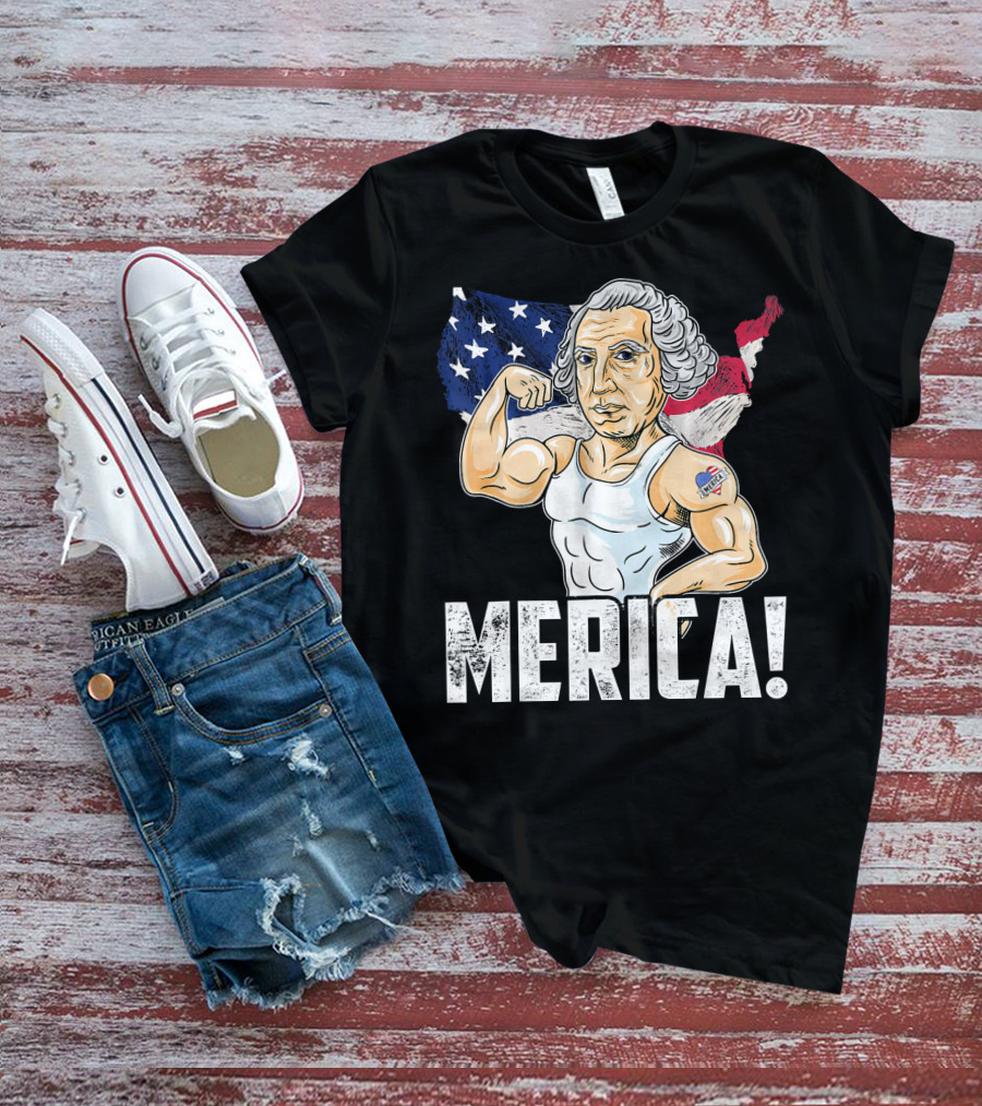 George Washington Muscles Merica USA Flag Background T-Shirt