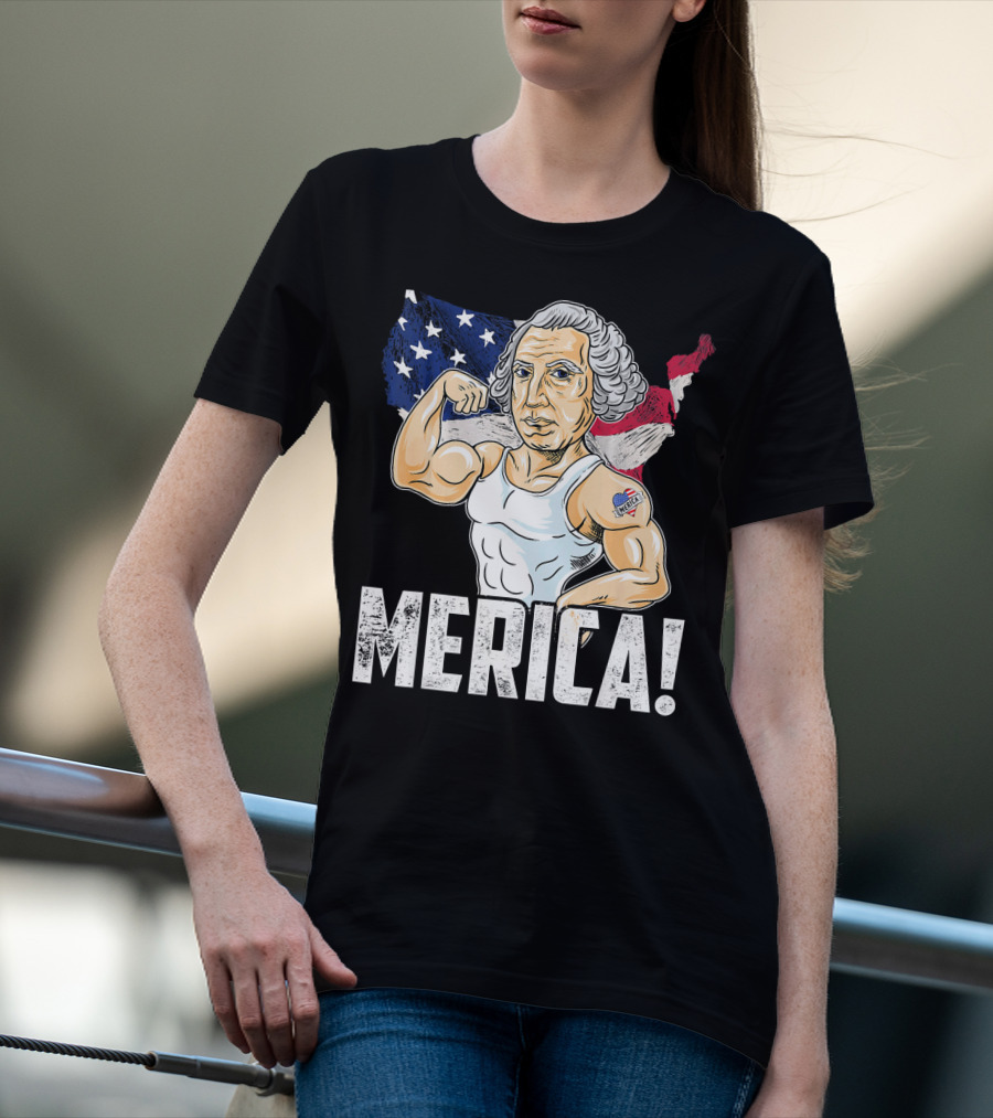 George Washington Muscles Merica USA Flag Background T-Shirt