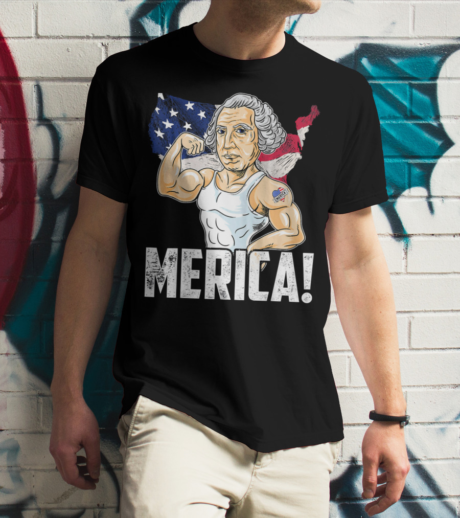 George Washington Muscles Merica USA Flag Background T-Shirt