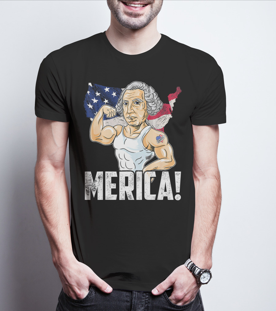 George Washington Muscles Merica USA Flag Background T-Shirt