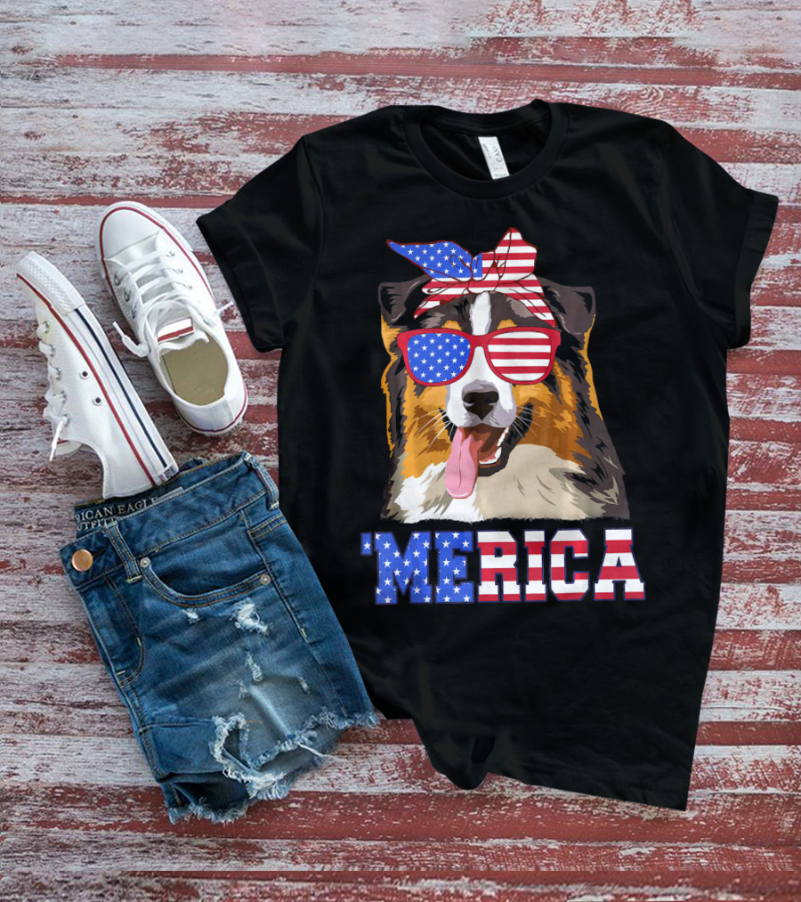 Aussie Dog Mom 'Merica American Flag Sunglasses And Bandana T-Shirt