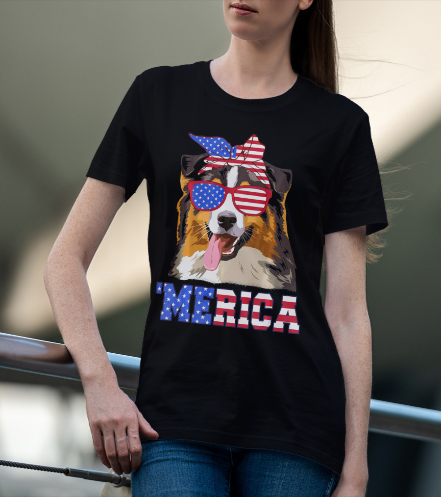 Aussie Dog Mom 'Merica American Flag Sunglasses And Bandana T-Shirt