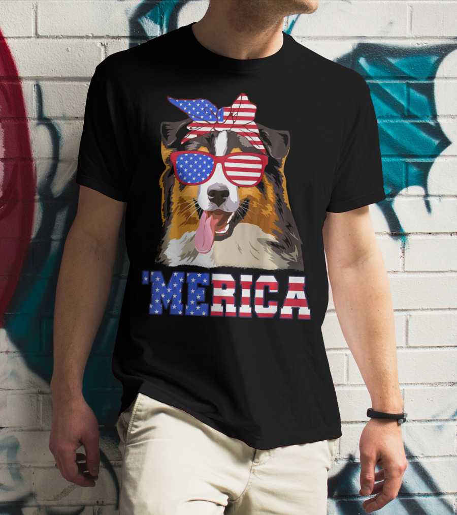 Aussie Dog Mom 'Merica American Flag Sunglasses And Bandana T-Shirt