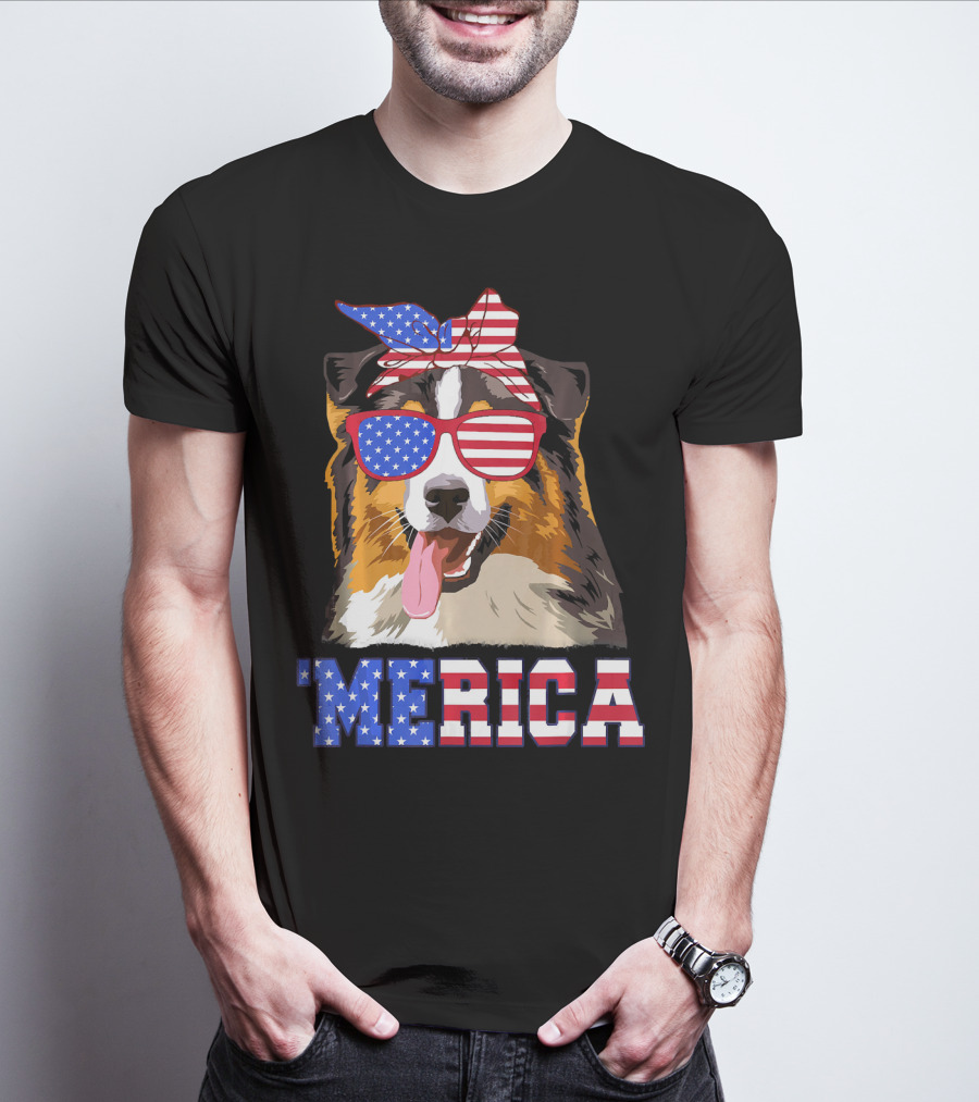 Aussie Dog Mom 'Merica American Flag Sunglasses And Bandana T-Shirt