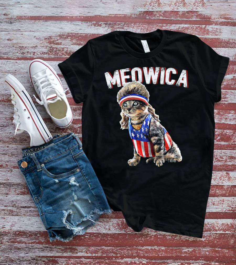 Meowica Cat Mullet American Flag Headband Stars And Stripes Tank Top T-Shirt