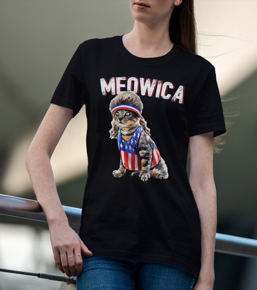 Meowica Cat Mullet American Flag Headband Stars And Stripes Tank Top T-Shirt