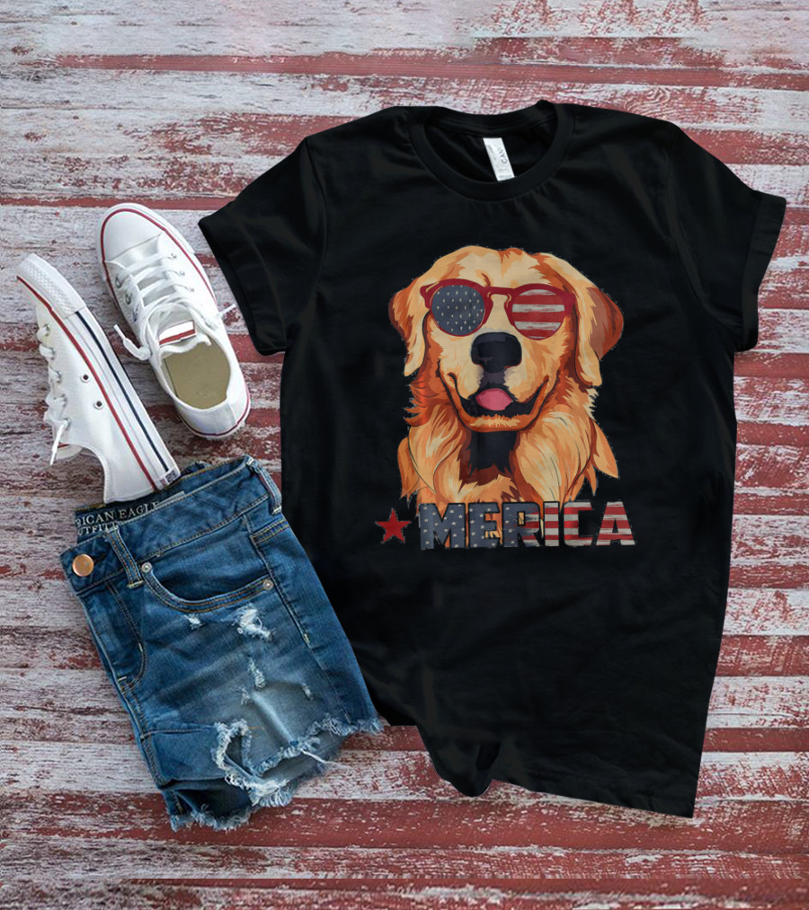 Merica Dog With USA Flag Sunglasses T-Shirt