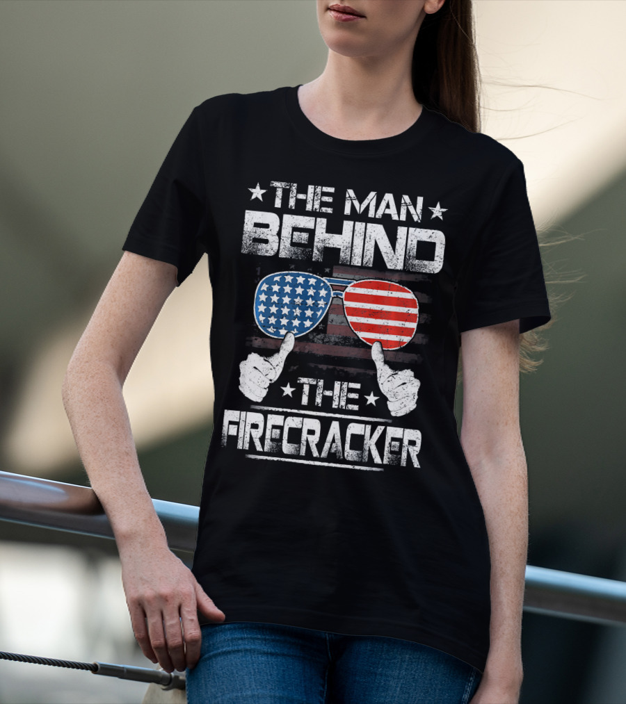 The Man Behind The Firecracker Patriotic American Flag Sunglasses And Thumbs Up T-Shirt