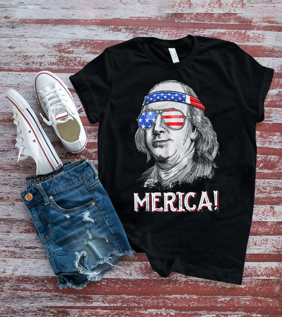 Benjamin Franklin Merica Patriotic USA Bandana Sunglasses T-Shirt