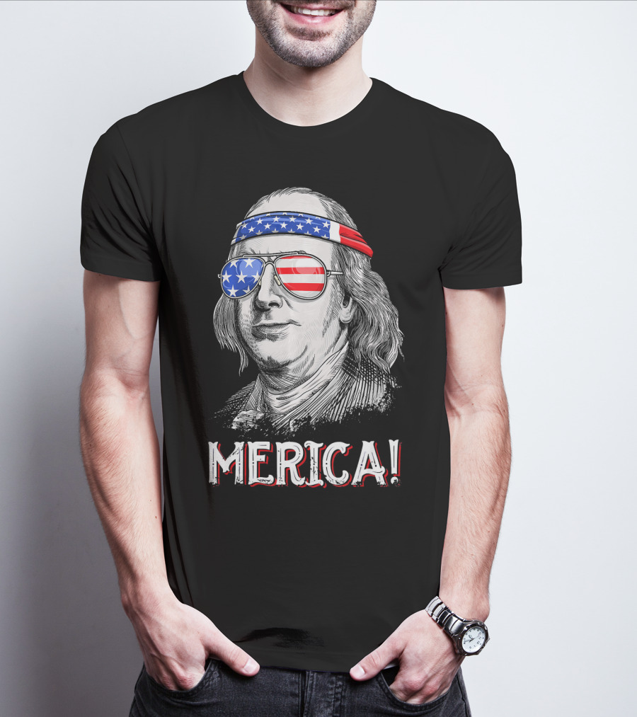 Benjamin Franklin Merica Patriotic USA Bandana Sunglasses T-Shirt