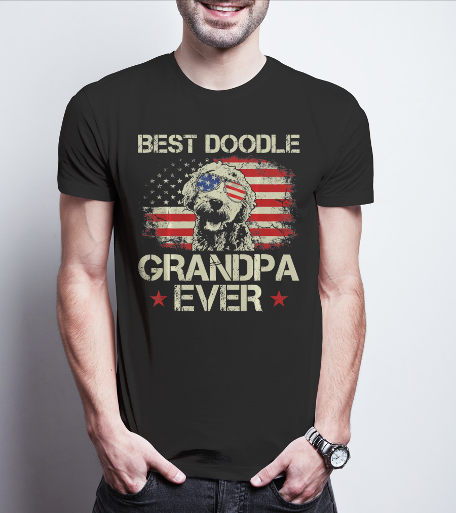 Best Doodle Grandpa Ever USA Flag Sunglasses Dog T-Shirt