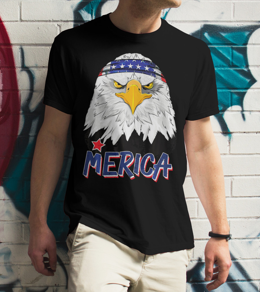 Merica Patriotic American Bald Eagle With Star-Spangled Headband T-Shirt