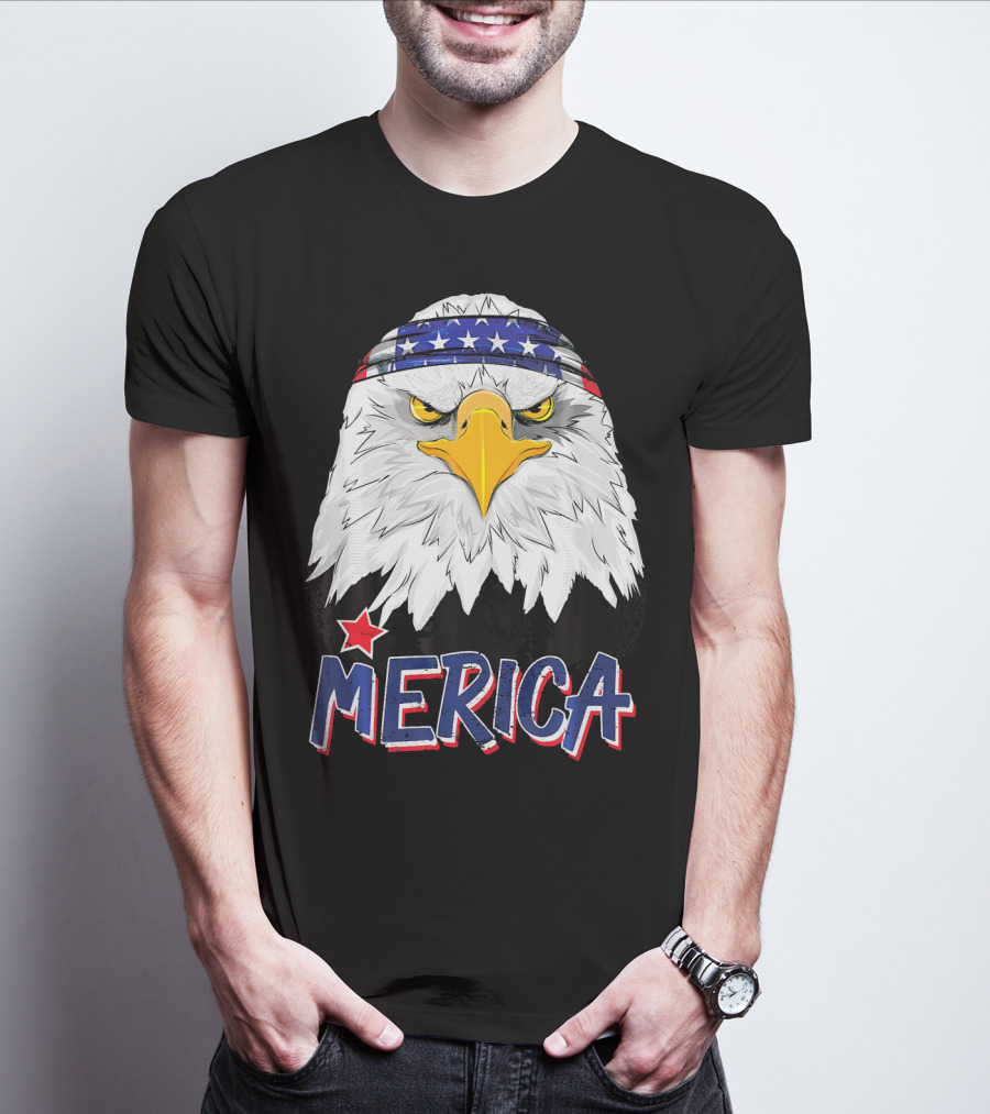 Merica Patriotic American Bald Eagle With Star-Spangled Headband T-Shirt