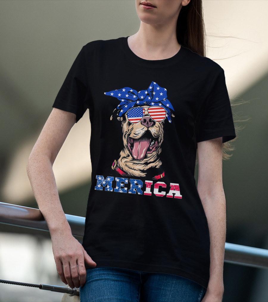 Merica American Flag Pitbull Wearing Bandana And Sunglasses T-Shirt