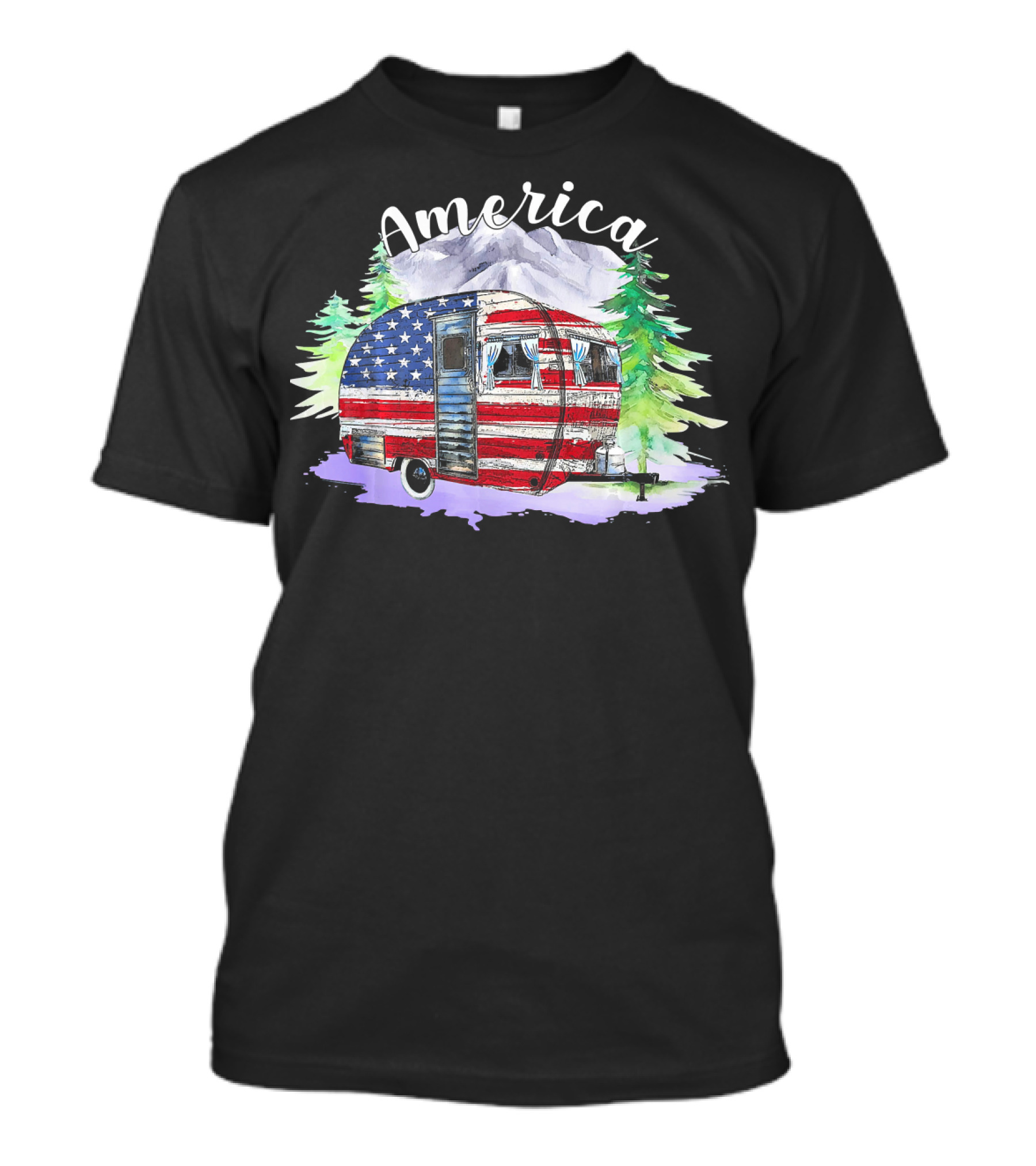 America Camping Van With USA Flag And Mountains For Fourth Of July T-Shirt