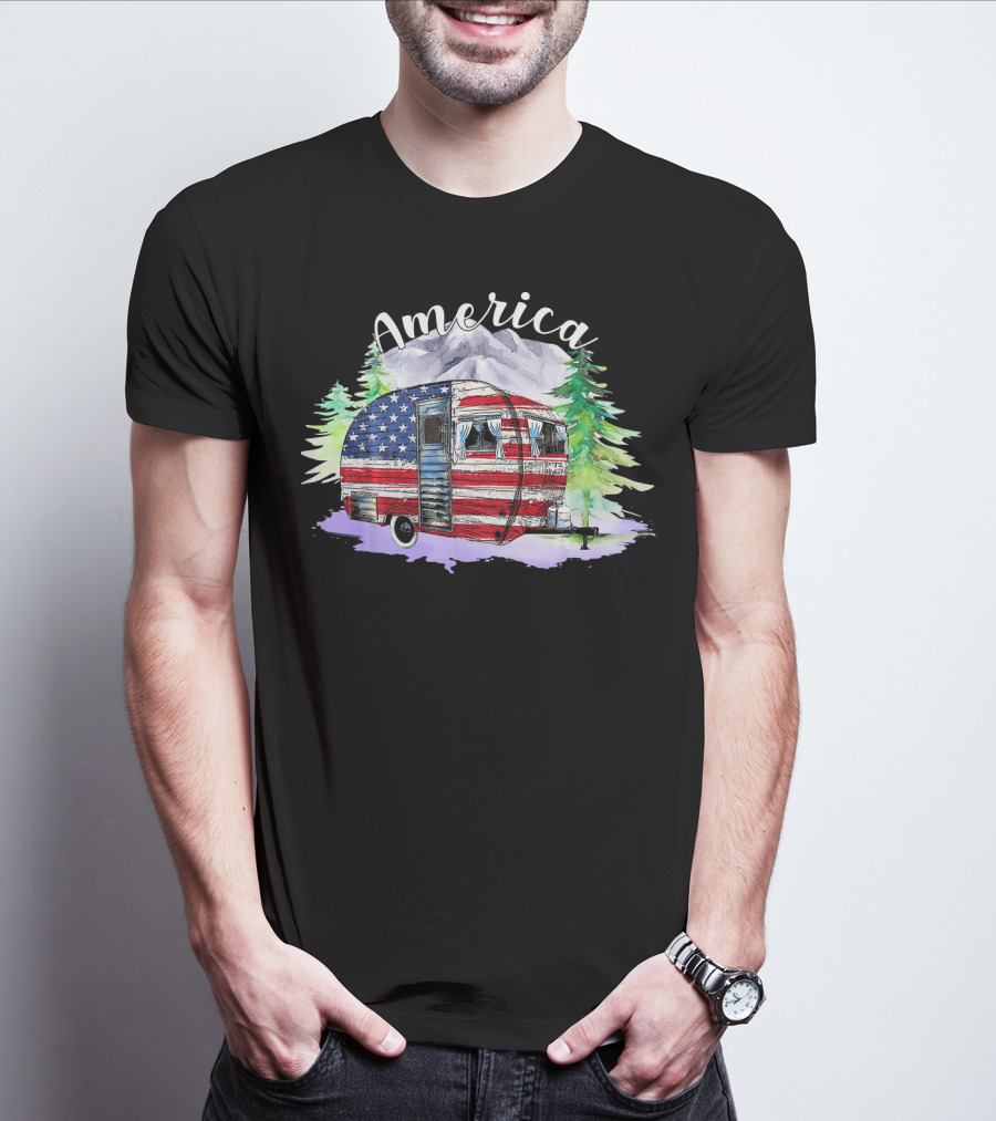 America Camping Van With USA Flag And Mountains For Fourth Of July T-Shirt