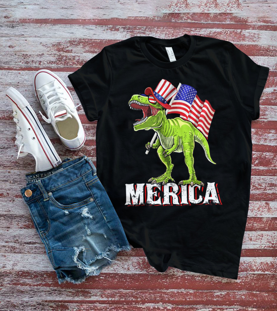 'Merica Patriotic Rex Dinosaur With American Flags And Hat T-Shirt