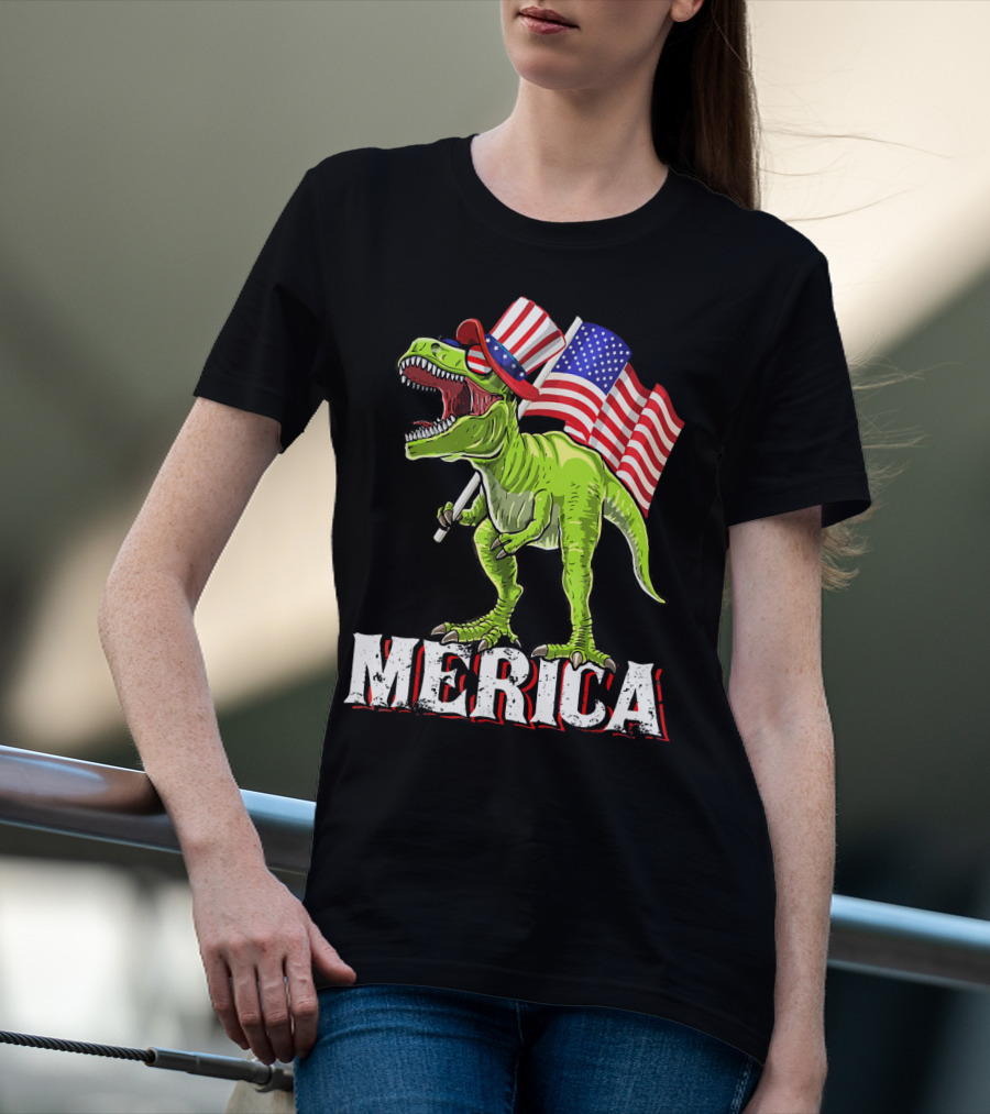 'Merica Patriotic Rex Dinosaur With American Flags And Hat T-Shirt