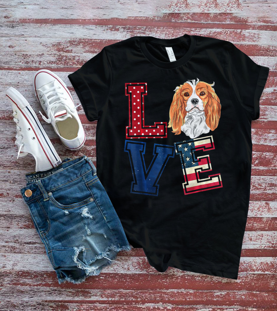 LOVE Cavalier King Charles Spaniel American Flag Face T-Shirt