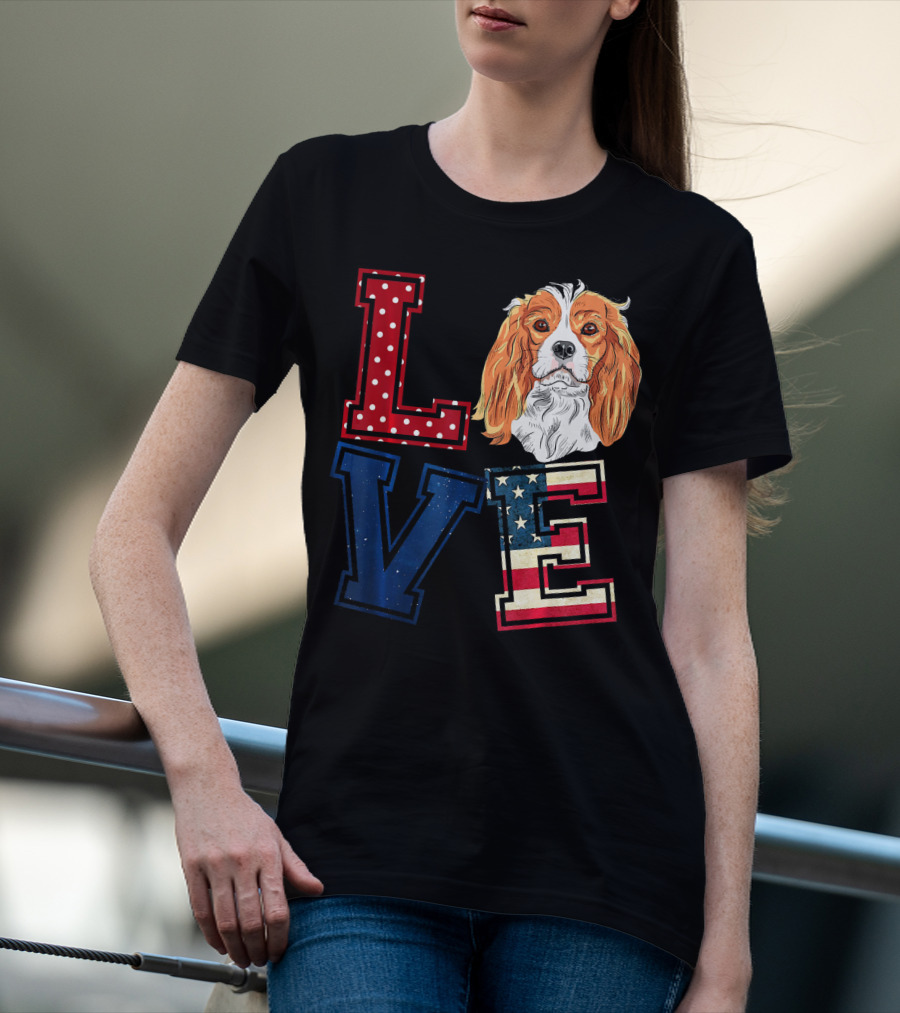 LOVE Cavalier King Charles Spaniel American Flag Face T-Shirt