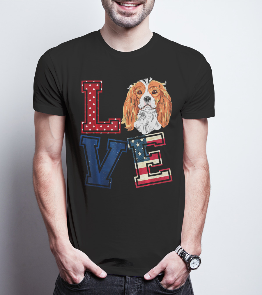 LOVE Cavalier King Charles Spaniel American Flag Face T-Shirt