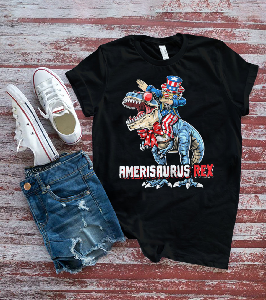 Amerisaurus Rex Dinosaur Dabbing Uncle Sam Patriotic Stars Stripes T-Shirt