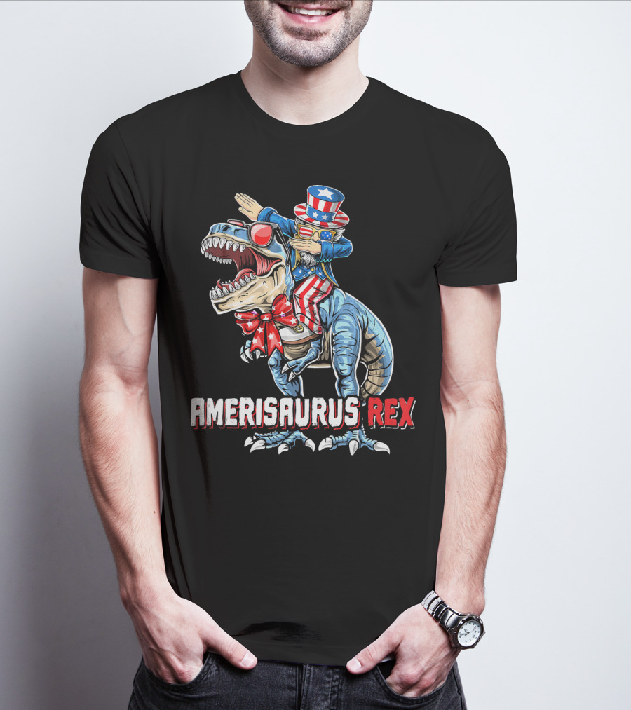 Amerisaurus Rex Dinosaur Dabbing Uncle Sam Patriotic Stars Stripes T-Shirt